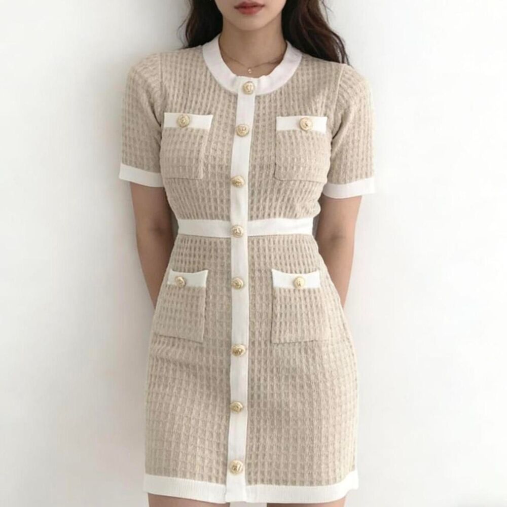 Beige and White Knit Dress